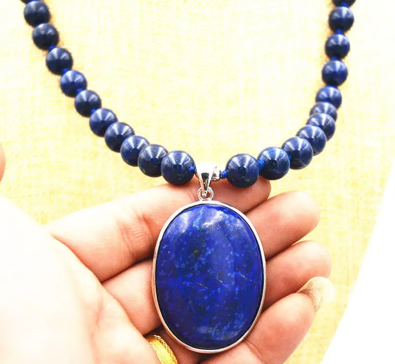 

Beautiful 10MM blue Lapis Lazuli Beads & 30x40mm Pendant Necklace 18 "AAA