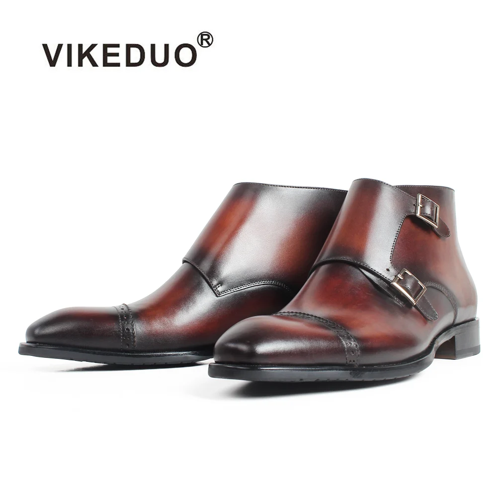 

VIKEDUO 2019 Autumn Ankle Brogue Boots Men Brown Patina Handmade Bespoke Shoes Genuine Leather Monk Botas Hombre Wedding Office