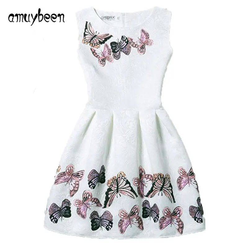 

Amuybeen 2017 Wedding Retro printing Slim waist Summer Dress For Girls Kids Clothes Teenagers Baby Girl Flower Party Dresses