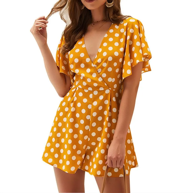 Sexy Polka Dots Playsuit Summer Bohemian Beach Rompers V Neck Short Jumpsuit Women Short Sleeve Summer Jumpsuit Sexy Polka Dots Playsuit Summer Bohemian Beach Rompers V Neck Short Jumpsuit Women Short Sleeve Summer Jumpsuit