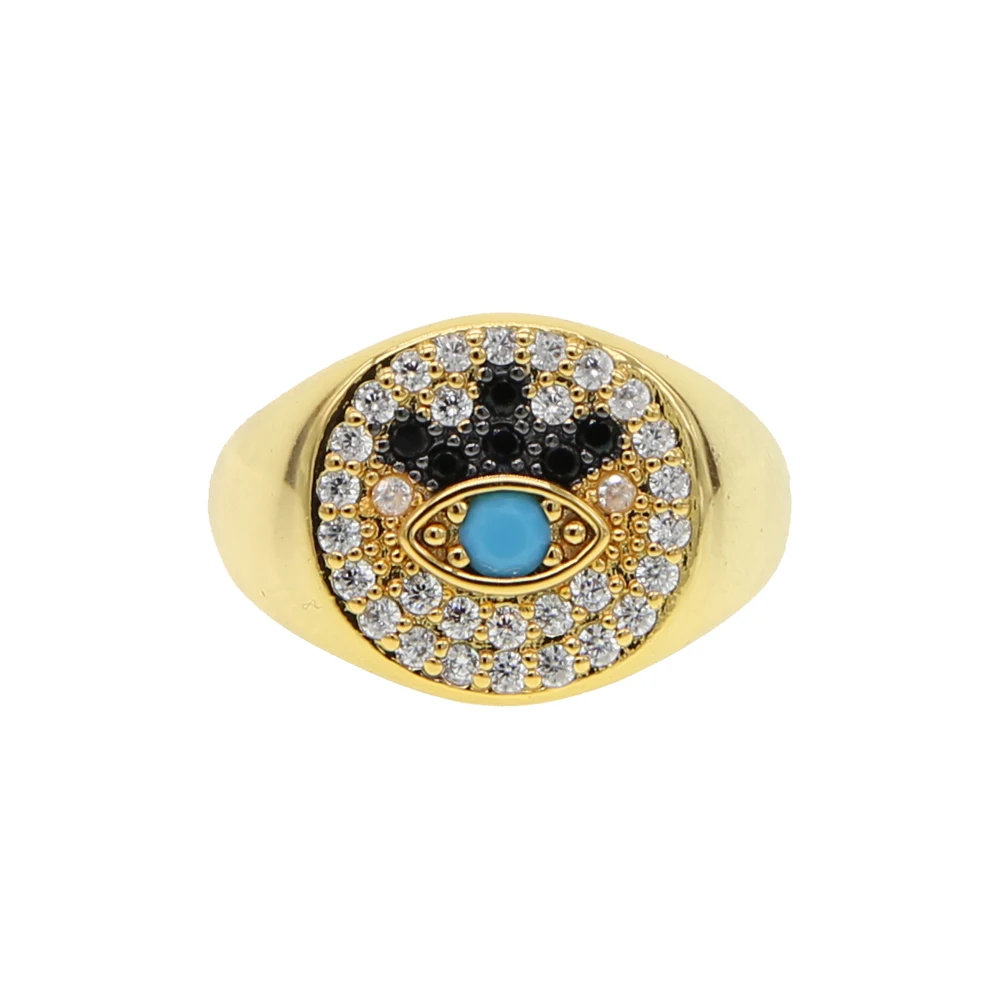 

Round face micro pave cz turkish evil eye Cocktail pinky women finger ring Gold filled Tiny Adjusted vintage rings