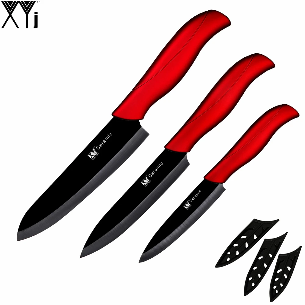 

XYj Brand New Year Kitchen Tools Ceramic Knife Set New Year 4" Utility 5" Slicing 6" Chef Knife And Black Blade+Red Handle