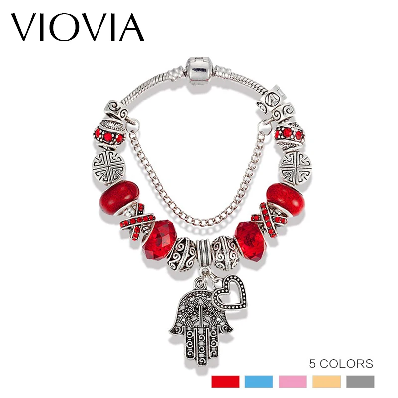 VIOVIA Fashion Jewelry Hamsa Hand Charm Bracelet Black Glass Charm