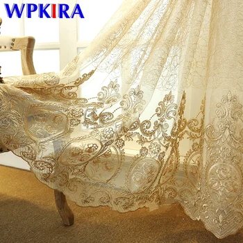 

European Blue Voile Curtain High Precision Bird's Nest Embroidered Curtain Semi-Shade Gold Silk Curtain Bedroom Tulle M086D3