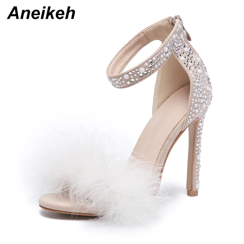 

Aneikeh 2019 Gladiator Diamond Ankle Flock Solid Sandals Bling High Thin Heels Cover Heel Women Autumn Sexy Sandals Zipper 35-42