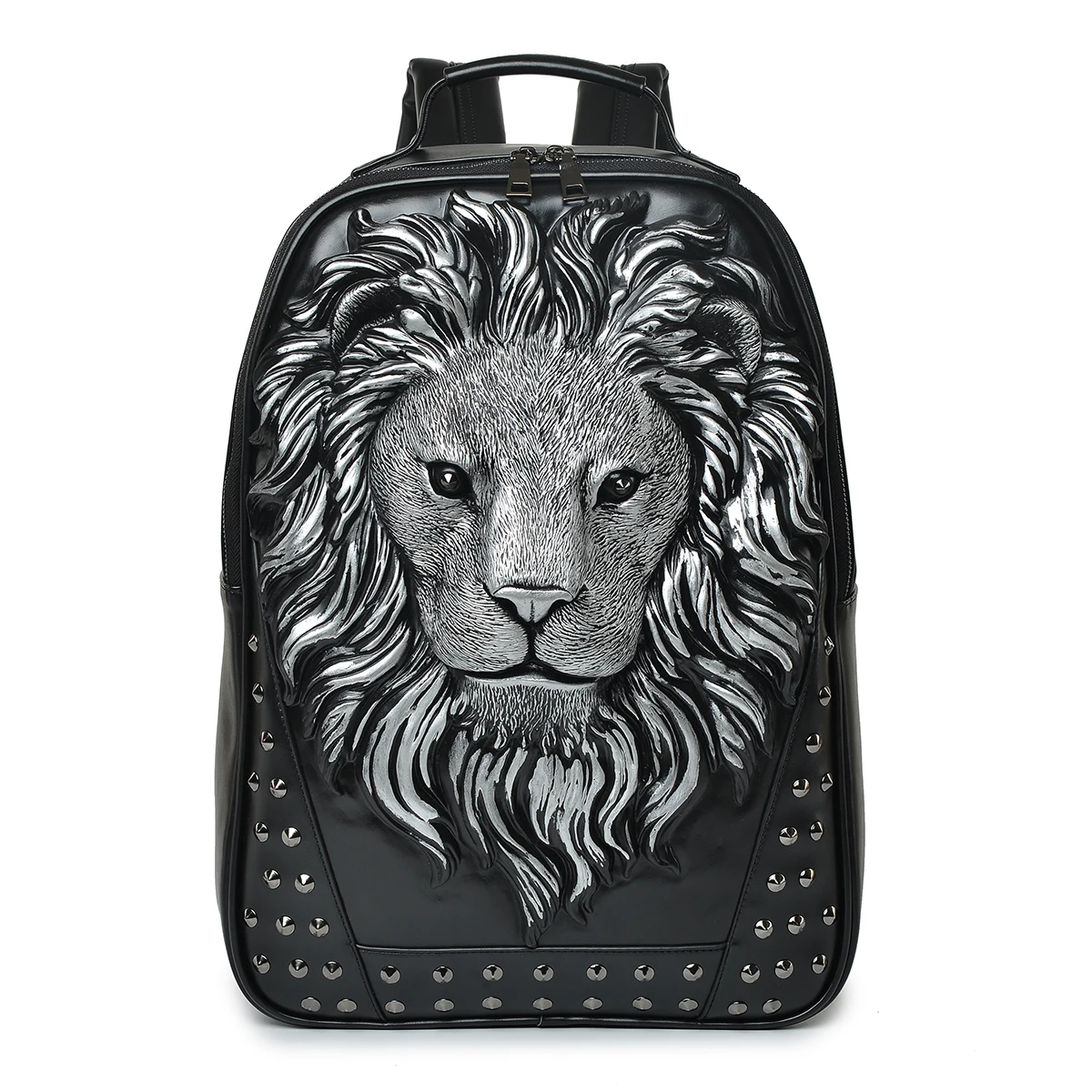 Для мужчин рюкзак из мягкой кожи 3D тиснением голова льва с заклепками Gother путешествия в стиле панк-рок Для женщин рюкзак для ноутбука