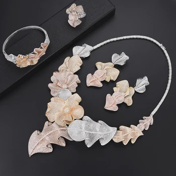 

Fashion Flower Leaf Dubai african jewelry set Bridal Necklace Earrings Sets Bangle Ring Fashion Jewelry For Women bijoux femme