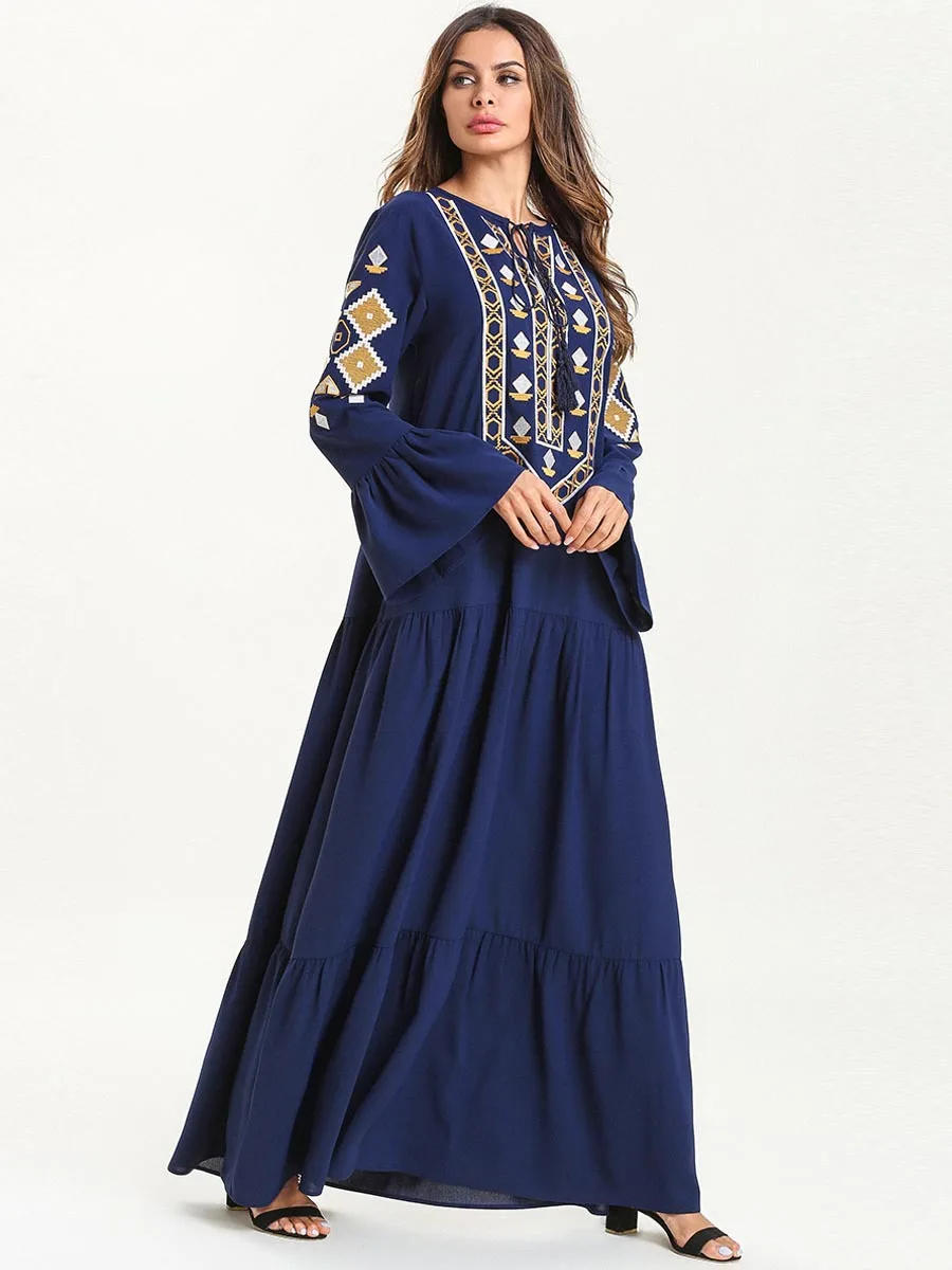 2019 женское мусульманское платье Абайи с круглым вырезом и длинными рукавами, с вышивкой цветов Рамадана, Moslim Kaftan Robe платья Хиджаб