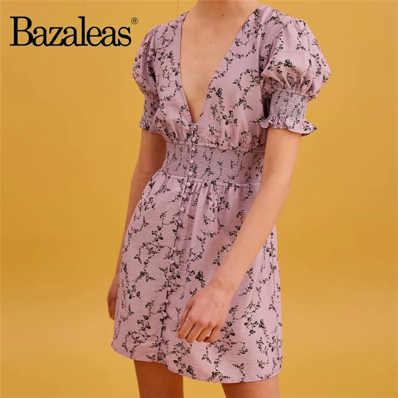 

Bazaleas Fashion Pink Floral Print women dress Vintage Center Buttons women Dresses V Neck vestido drop shipping