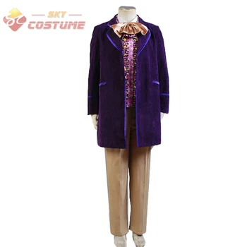 

Willy Wonka Charlie and the Chocolate Factory Purple Trench Coat Vest Bow Tie Pants Full Set For Men Halloween Cosplay Costume