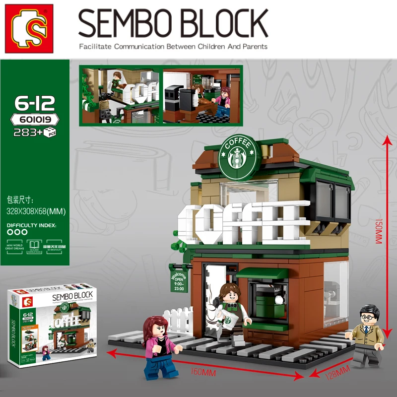 

Coffee shop Streetscape series Building Blocks Bricks Starbucksnis Compatible with legoinset Model toys Sembo 601019