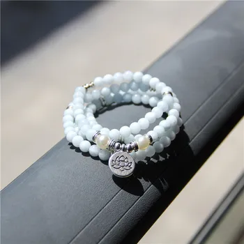 

108 Pieces Mala Bracelet Natural Aquamarines Quartz Bracelets Blue Round Stone Beads Bangles Alloy Lotus Charm Woman Necklace