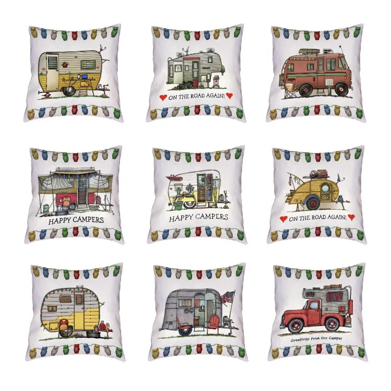 

Funny Mobile Travel White Cushion Covers Happy Campers Throw Pillow Cover Home Decor Outdoor Touring Cars Peach Skin Pillowcases