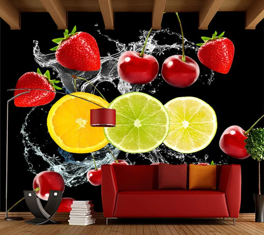 イチゴチェリーレモン黒背景スプレー食品壁紙 レストランのリビングルームテレビソファ壁キッチン3d壁紙 Sofa Cushions For Sale Wallpaper Paintingsofa Shawl Aliexpress