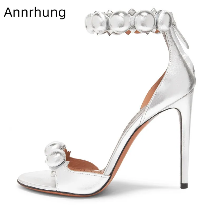 

Stiletto Heel Sandals Rivet Ball Shoes Women Peep Toe Thin High Heels Back Zip Gladiator Sandalias Zapatos Feminina 2019