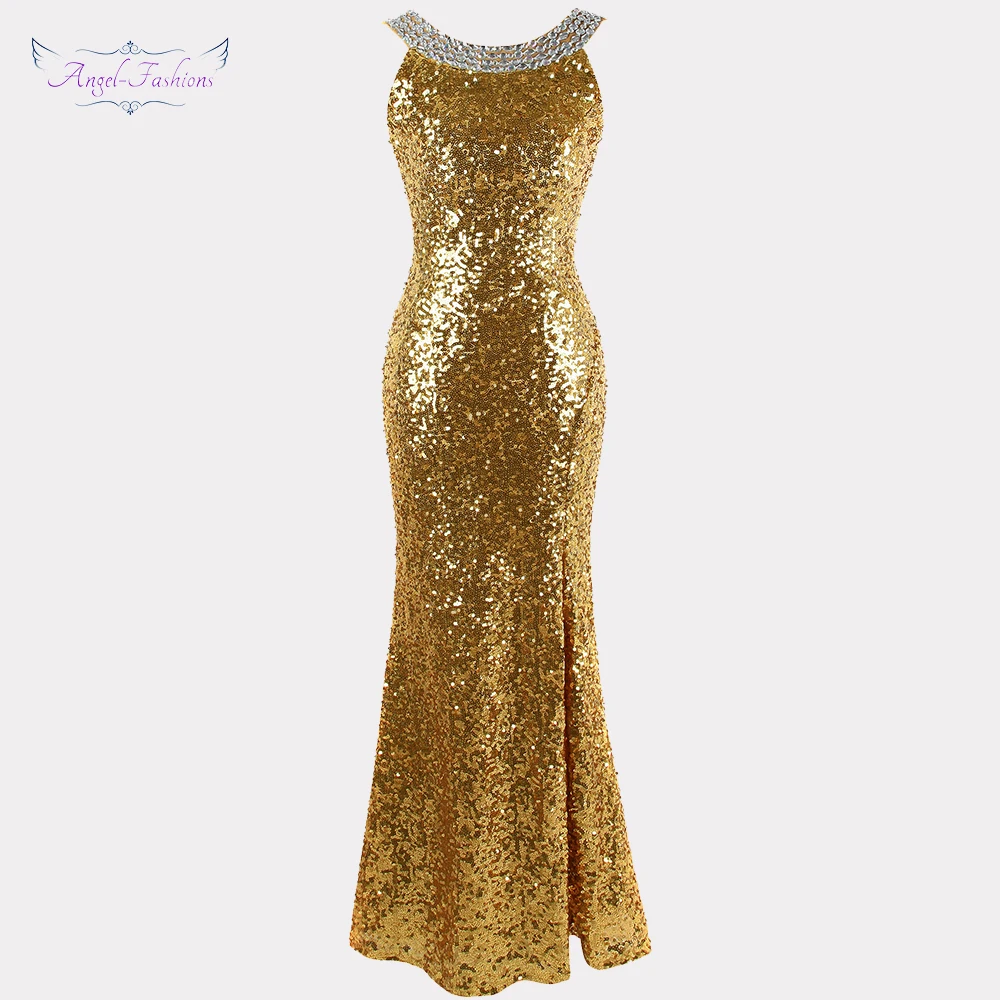 Женское вечернее платье с блестками Angel fashions длинное золотистое открытой спиной