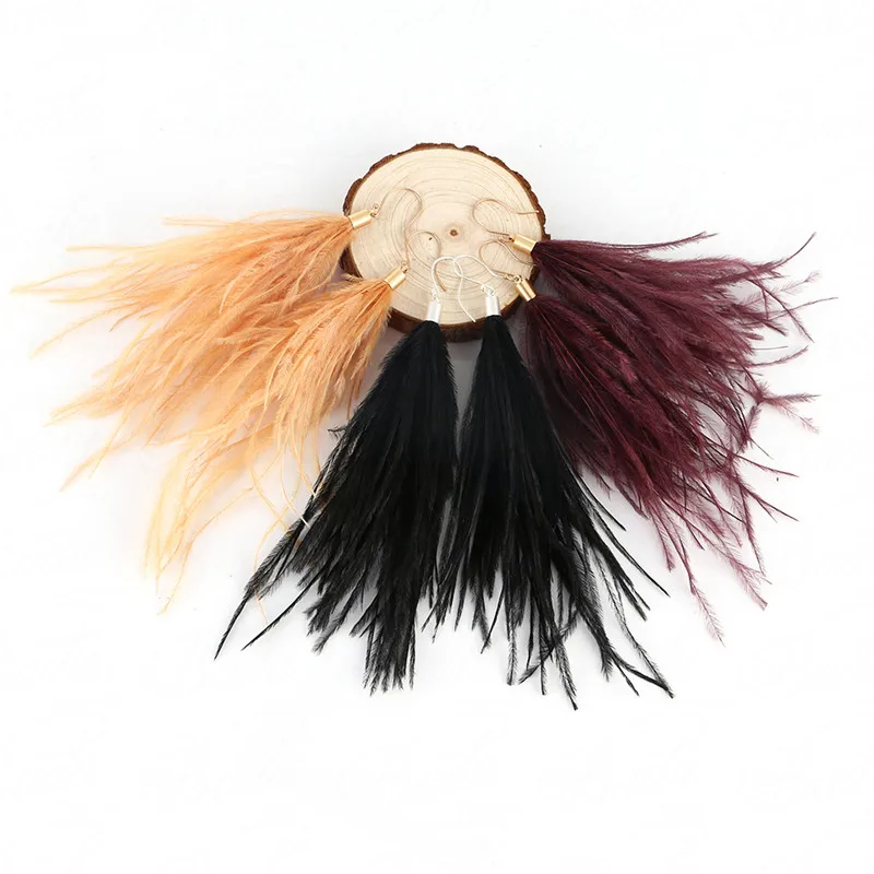 Badu, длинные серьги из страусиных перьев,, Женские Висячие серьги, винтажные модные ювелирные изделия, дизайн