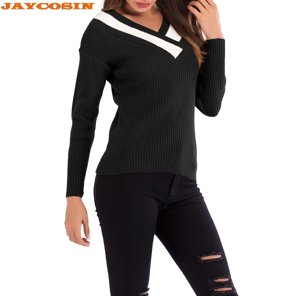 

JAYCOSIN Hot Fashion Design Women Colorblock V-Neck Long Sleeve Knitted Sweater Jumper Pullover Top Blouse High Quality Sweater
