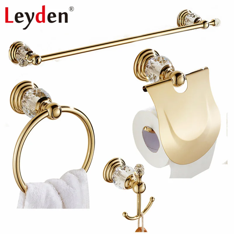 

Leyden Luxury Crystal Gold Finish Towel Bar Clothes Hook Toilet Paper Holder Towel Ring Wall Mounted Bathroom Accessories Set