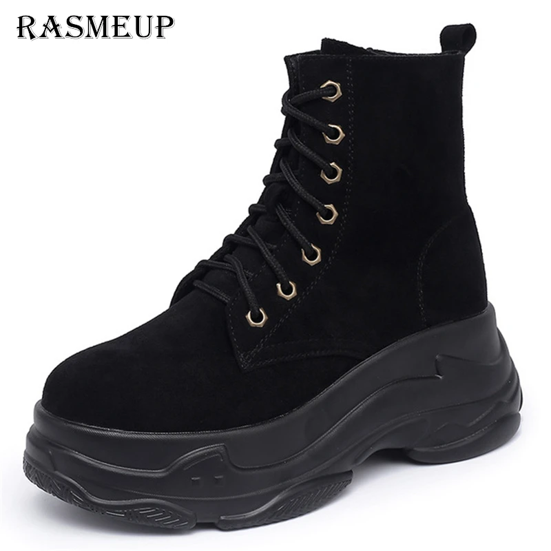 

RASMEUP Women Genuine Leather Platform Platform Ankle Boots 2018 Fashion Thick Soled Snow Boots Zipper Lace Up Women Martin boot