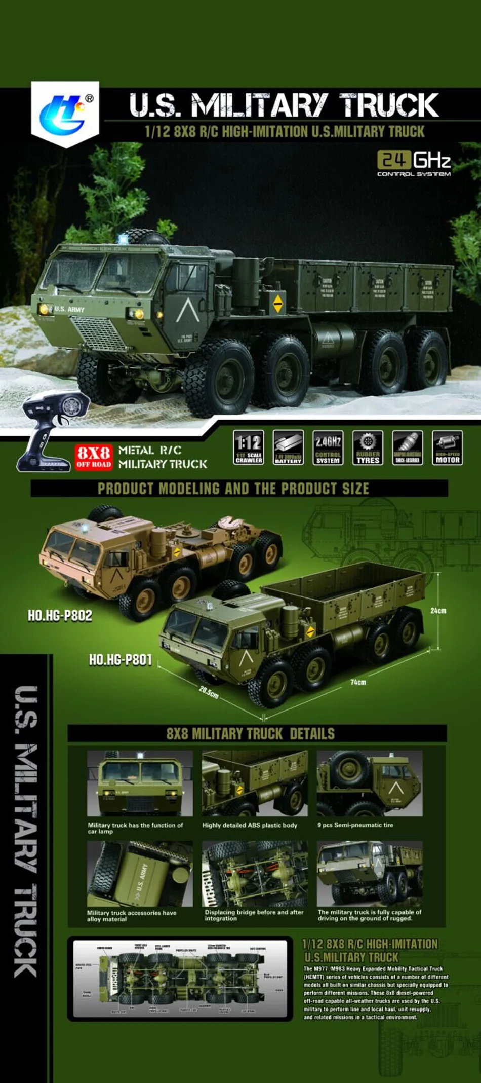 HG P801 1:12 2,4G 8*8 M983 739 мм Rc автомобиль армейский военный грузовик США без зарядного устройства RC расстояние 100 м 550 матовый мотор