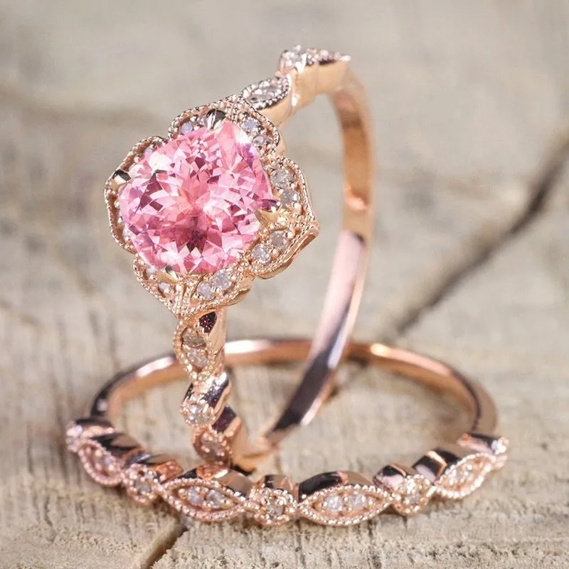 

Modyle 2Pcs/Set Crystal Ring Jewelry Rose Gold Color Wedding Rings For Women Girls Gift Engagement Wedding Ring Set