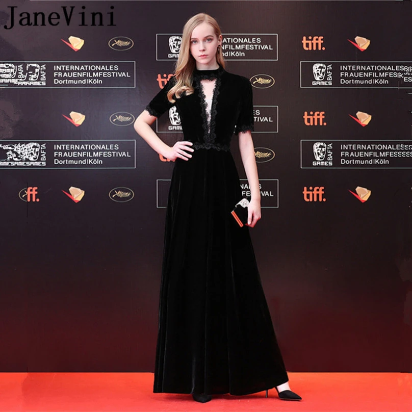 JaneVini Black Velvet Long Bridemaids Dress With Sleeves 2019 Lace Beaded A Line Formal Prom Party Dresses For Wedding Guest