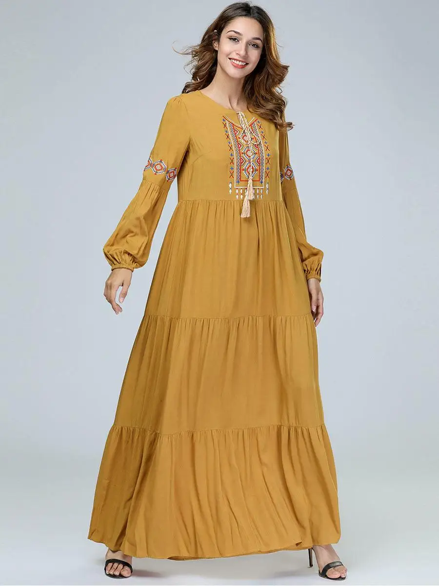 Женское элегантное цветочное длинное платье с вышивкой Абая платья свободные платья Ближний Восток мусульманская исламская одежда