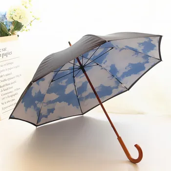 

blue sky and white cloud wood handle long umbrella rain women parasol paraguas mujer parapluie women paraplu high quality