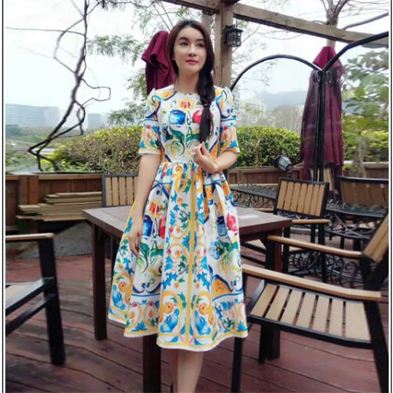 

2018 Euramerican Spring New Fashion Blue And White Porcelain Pattern Print Elegant Lady High-End Slim Fit Ball Gown Dress