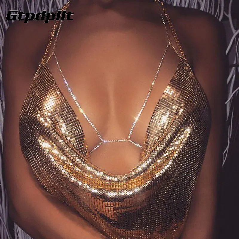  Gtpdpllt Bustier Crop Top Sequined Sexy Gold Rhinestone Women's Bra Chain Cropped Women Party Short
