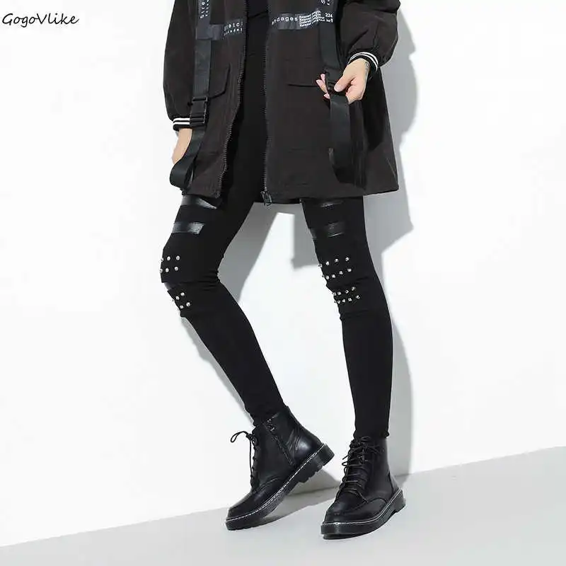 

Punk Rivet Legging PU leather Patchwork Pencil Pants Elastic 2019 New Women Skinny Leggings Trousers Slim Autumn Spring LT941S50