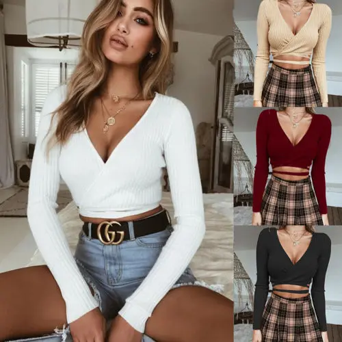 

Womens Bandages Crop Tops Cute Plunge V Neck Ribbed Long Sleeve Jumper Top UK