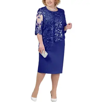 

Women Plus Size Party Sheer Half Sleeve Floral Lace Layered Mother of Bride Midi Dress