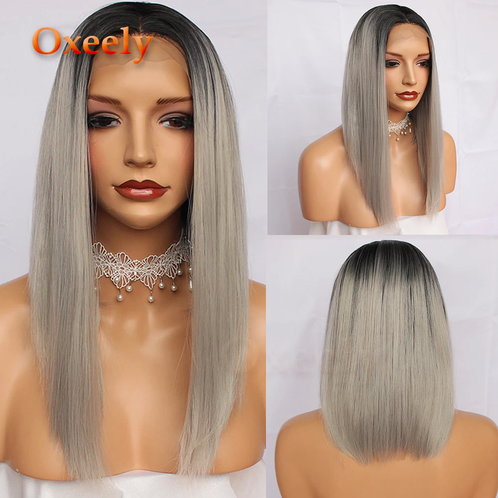 

Oxeely Ombre Gray BOB Hair Synthetic Lace Front Wigs Glueless Grey Short Straight Lace Front Wig Heat Resistant for Black Women