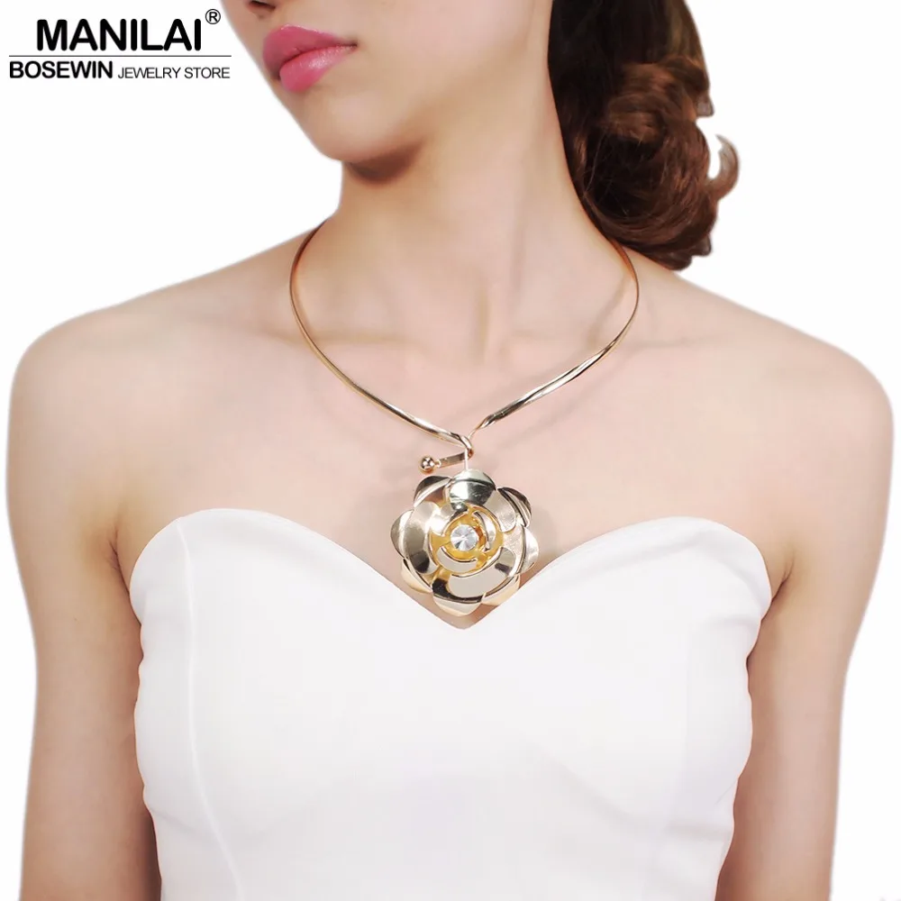 

MANILAI Alloy Rhinestone Torques Choker Necklace For Women Statement Charm Flower Pendants Necklaces Jewelry Golden Silver Color