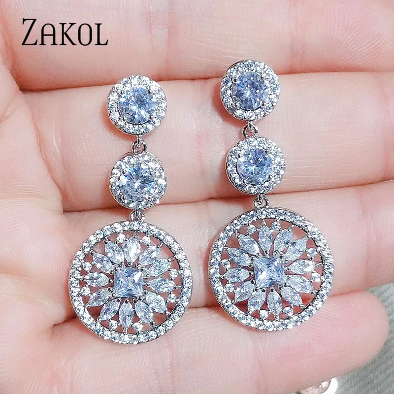 

ZAKOL Exquisite Spherical Round Cubic Zirconia Flower Drop Earrings Personalized Bridal Jewelry Accessories FSEP2187
