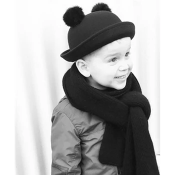 

2016 Winter Children Wool Felt Hat Cap Boys Girls Real Rabbit Fur Pompoms Dome Cap Black Fedoras Bonnet Round Caps for Kids