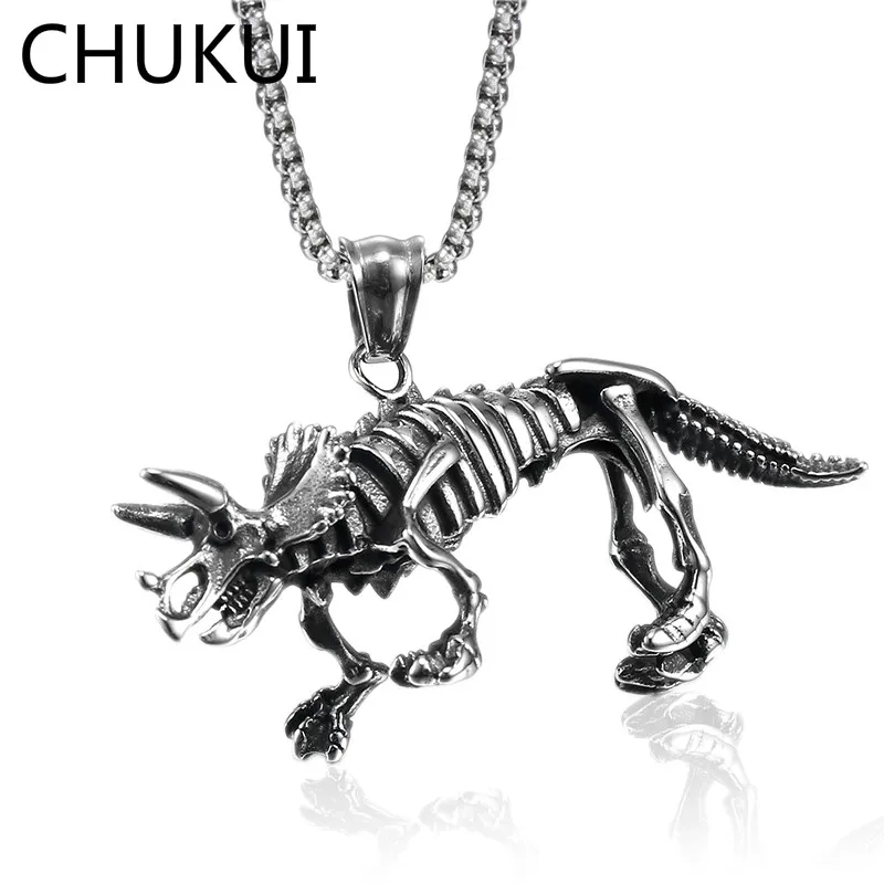 

CHUKUI Men's Jewelry Necklace Vintage Silver Black Titanium Steel Animal Jurassic Dinosaur Pendant Necklace Hip Hop 60 cm