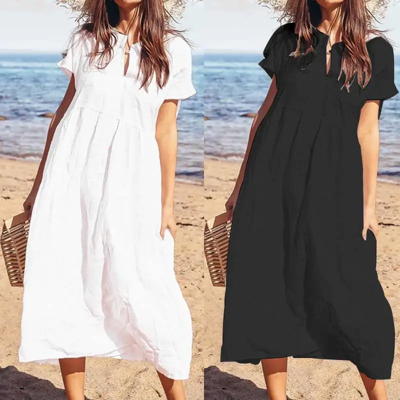 

Summer Dress 2019 Celmia Women Sexy V-neck Short Sleeve Pleated Shirt Midi Dresses Solid Casual Loose Beach Vestidos Plus Size