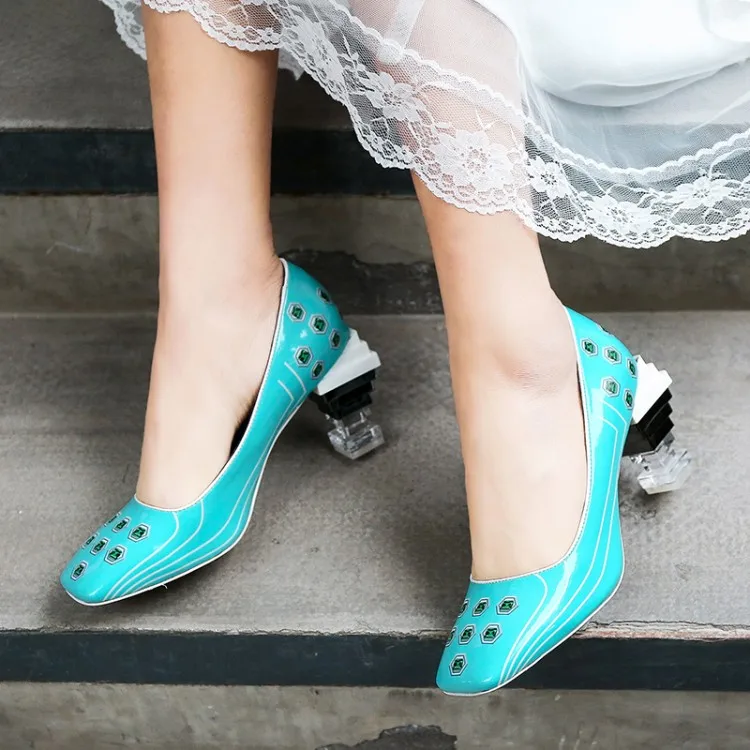 

2019 Latest Design Green Leaf Printing High Heel Pumps Rhinestone Embellished Beading Dress Shoes Women
