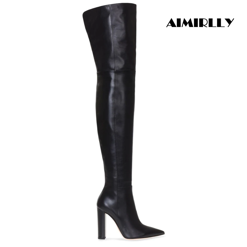 pointed toe block heel knee high boots