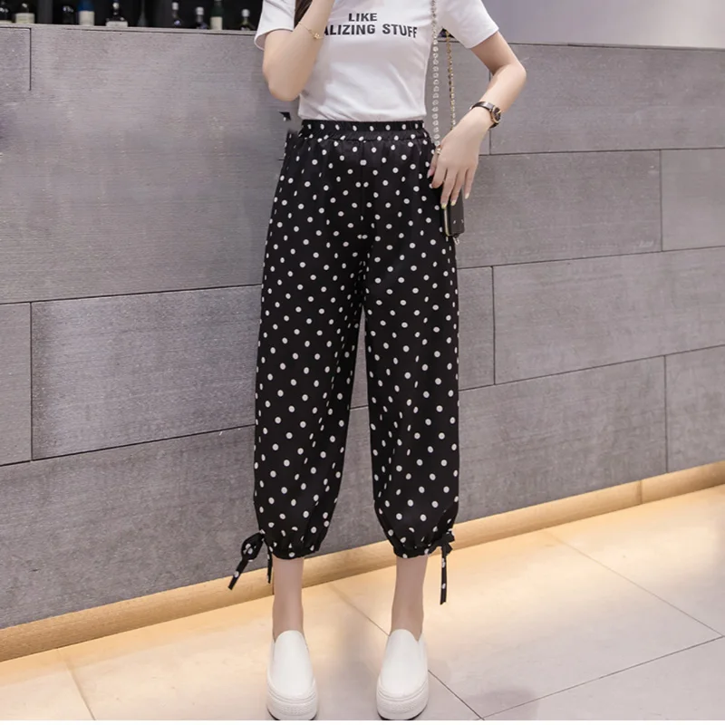 

Summer Chiffon Pants Female Korean Casual Calf-length Plaid Pants Casual Striped Print High Straight Loose Women Lantern Pants