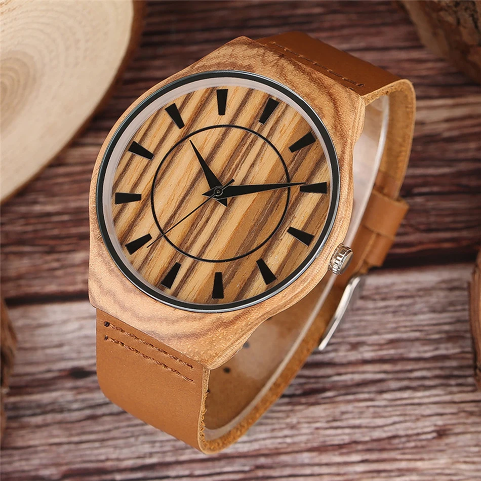  Mens Bamboo Wood Wrist Watch Creative Nature Wooden Quartz Watches Genuine Leather Band Clock Reloj  (8)