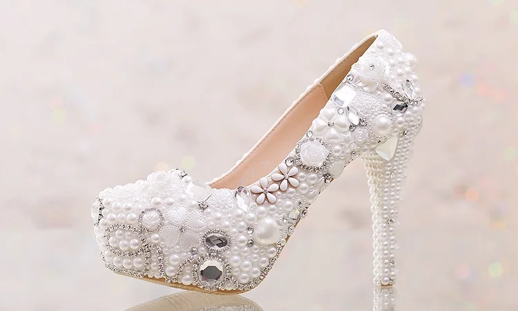 14_Pearl Diamond White Bridal Wedding Shoes Red Platform Super High Heels Woman Elegant Free Shipping Size 40