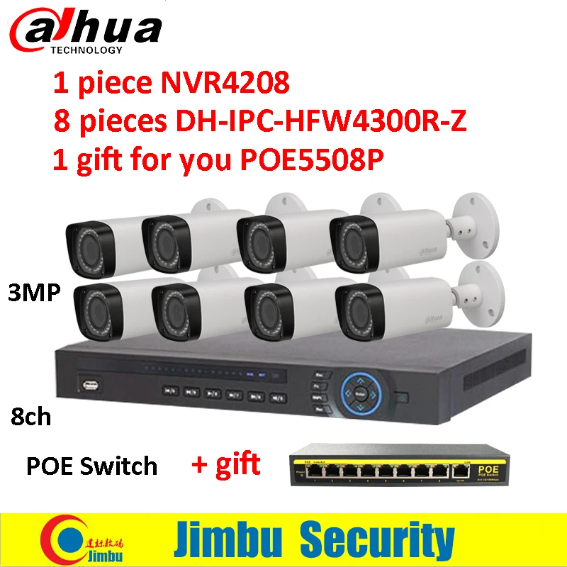 

Dahua one NVR Recorder NVR4208 , eight IPC-HFW4300R-Z 2.8mm ~12mm varifocal motorized lens, one poe switch Surveillance system