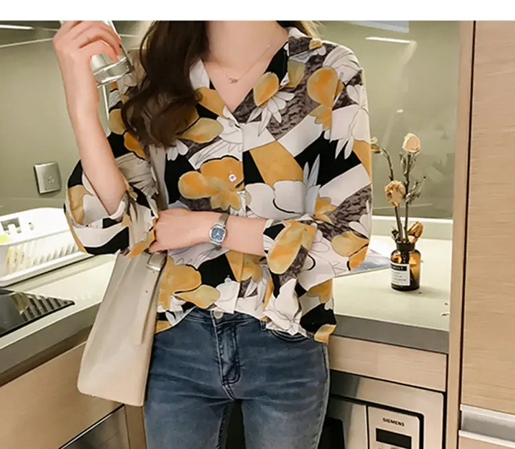 2019 Vintage Print Shirt Femme Plus Size Tops Autumn Women Blouses V-neck Long Sleeve Chiffon Blusas Mujer Chic Chemise Femme (8)