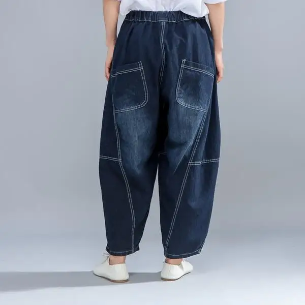 BUYKUD 2018 Summer Casual Women Light Blue Denim Jeans Lantern Pants Elastic Waist Harem Loose Ankle-Length Pants With Pockets (5)