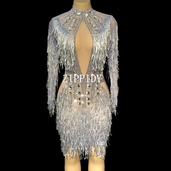 

Fashion Crystals Mesh Dress Sexy Rhinestones See Through Stretch Stage Dance Wear Evening Celebrate Fringes Dress Costume