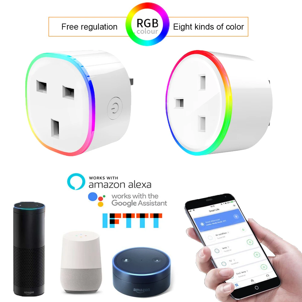 

Smart Home UK Plug RGB Scene Light WIFI Remote Switch Timer Plug Voice Control Smart Socket compatible with Alexa Google Home